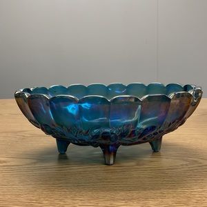 Blue Oval Glass Fruit Bowl Scalloped Edge Footed Bowl